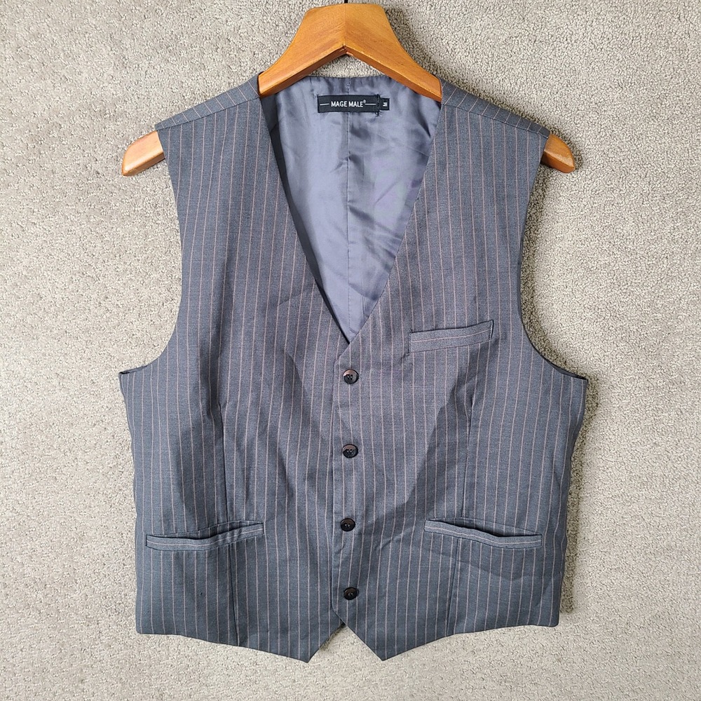 Mage Male Vest Mens M Gray Striped V Neck Button Down Polyester Blend Formal